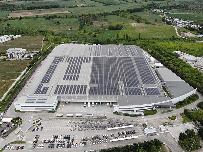 Solar panels installed on the roof of Ricoh Manufacturing (Thailand) Ltd.